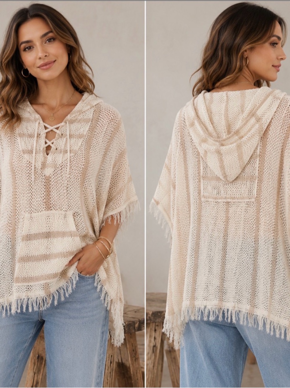 M/L Open-Knit Crochet Fringe Hooded Poncho Sweater Lace Up Cream Tan Stripes NWT